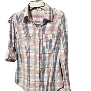 Japna Women's Blue and Pink Plaid Long Sleeve Shirt